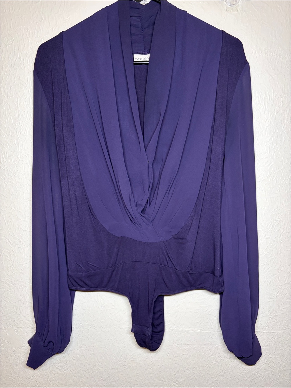 eva mendes for New York & Company Purple Draped Long-Sleeve Bodysuit